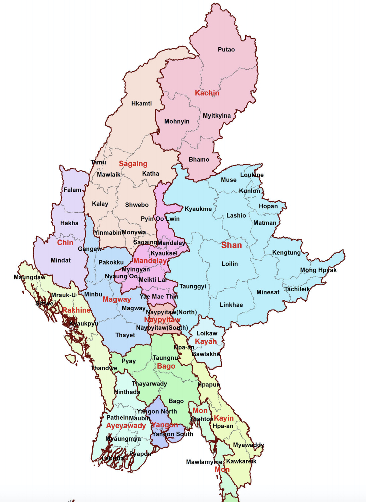 corridoio di resistenza da nord ad ovest sulla mappa del Myanmar